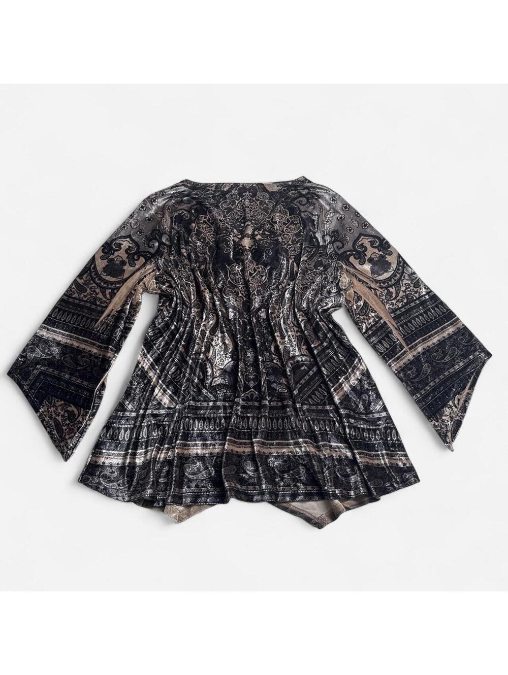Vintage boho Velvet Burnout‎ Top 2X Plus Size Paisley Crochet V-Neck Bell Sleeve - Picture 5 of 7